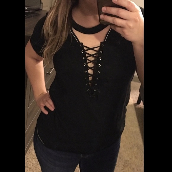Tops - Black lace up t shirt, tie up, choker, sexy